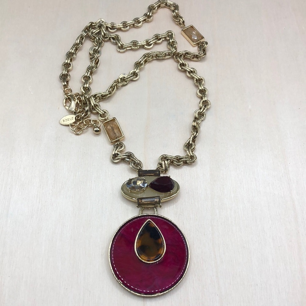 Chico's gold tone chain bejeweled long necklace pendant statement style.